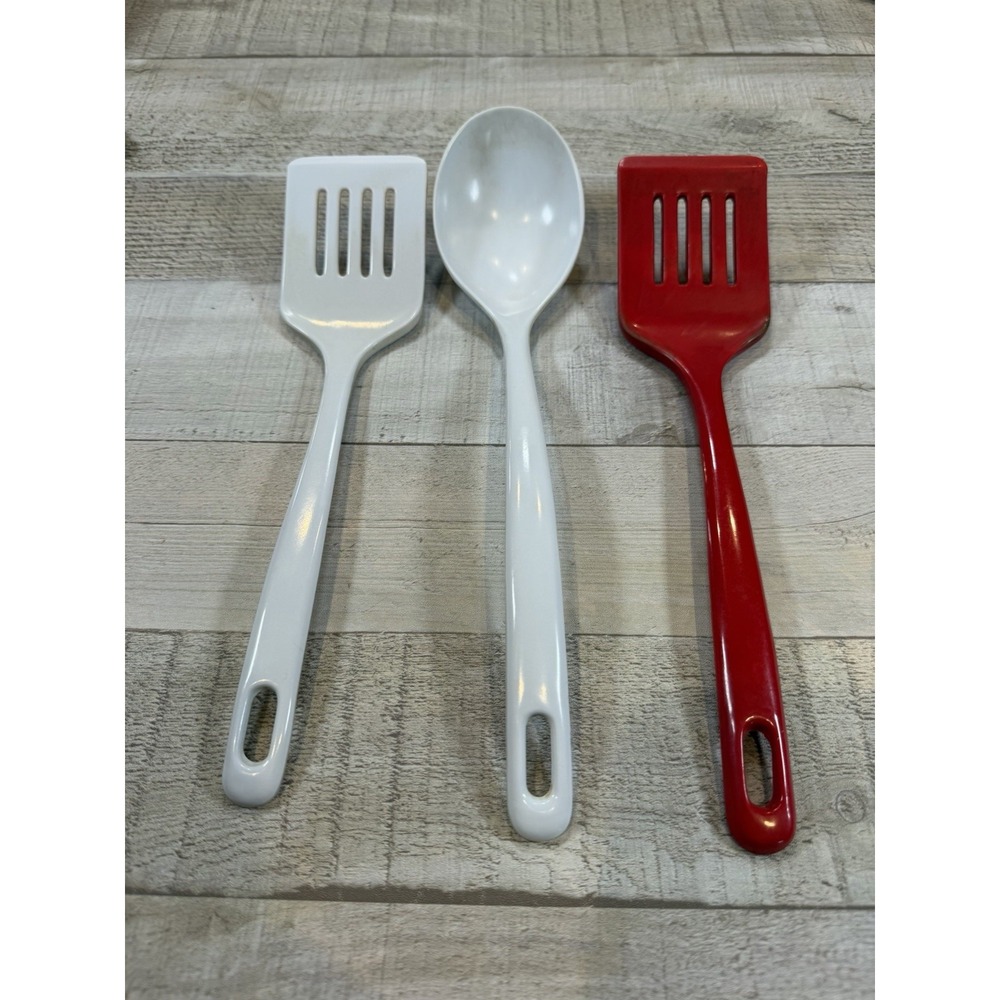 Vintage Melamine Ware Kitchen Utensils Lot of 3 Red White Spoon Spatulas